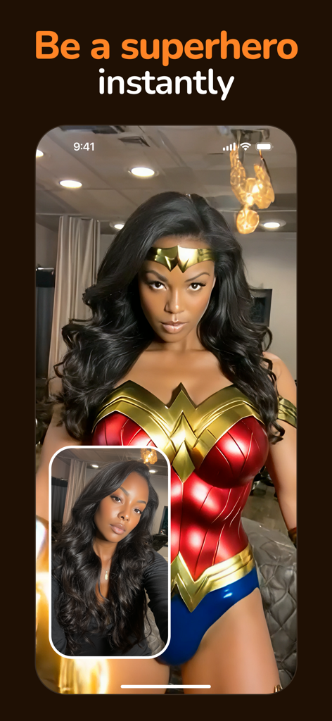 Luma: AI Video Generator - Luma AI app interface showing a selfie transformed into a superhero character