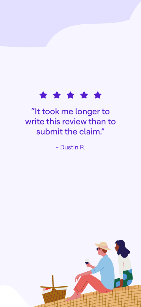 A 5-star customer review from Dustin R. highlighting the quick and easy claims submission process on the Faye app.