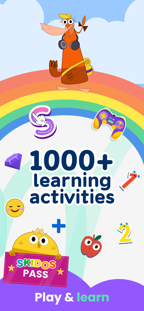 Fantasy World: Halloween Games - Educational app screen showing 1000 plus learning activities with cute characters and SKIDOS Pass