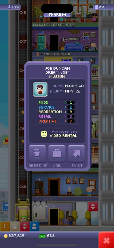 Tiny Tower Classic - Bitizen profile screen showing character skills dream job and management options in Tiny Tower Classic