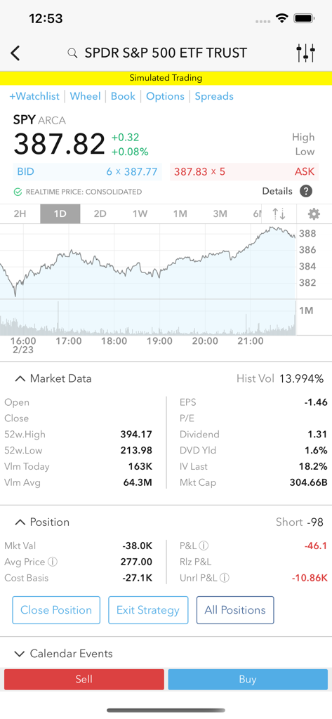 MEXEM mobile app interface showing real-time stock chart and market data for SPY ETF