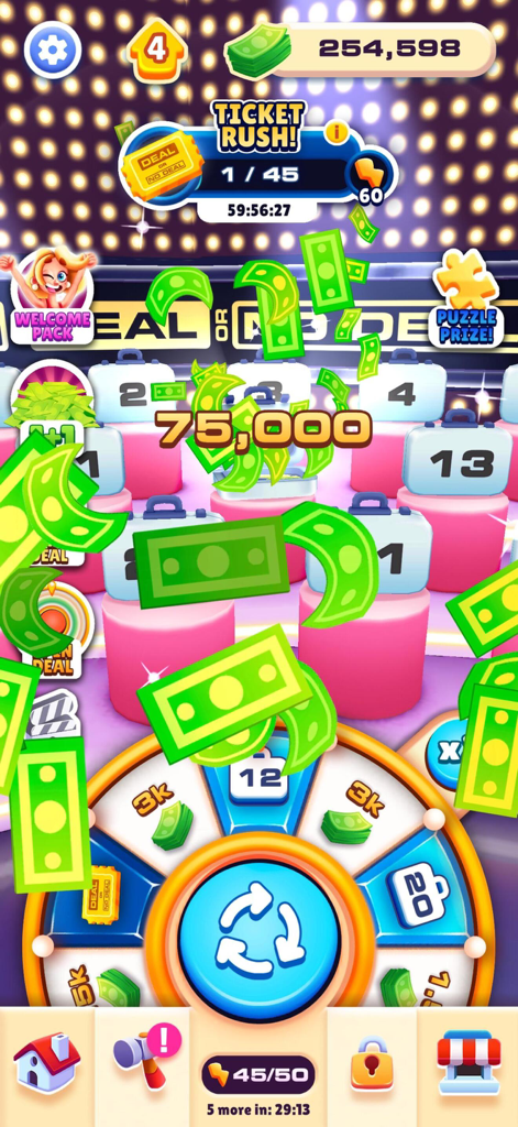 Gameplay screen of Deal or No Deal showing a prize wheel and falling money rewards