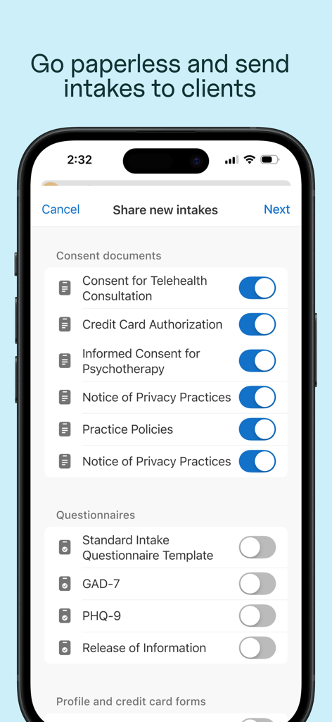 A mobile screen from the SimplePractice for Clinicians app showing a list of digital intake forms and consent documents to share with clients.
