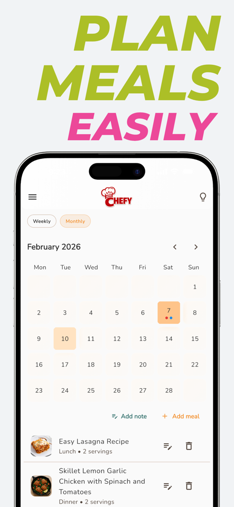 Chefy Meal Planner & Recipes - Chefy mobile app interface showing a monthly meal plan calendar with scheduled recipes