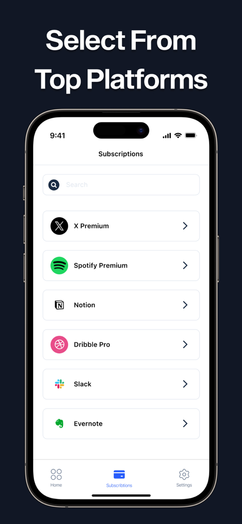 Uma tela móvel mostrando uma lista de serviços de assinatura populares para selecionar como Spotify Notion e Slack no aplicativo Cancel Subscriptions Manager