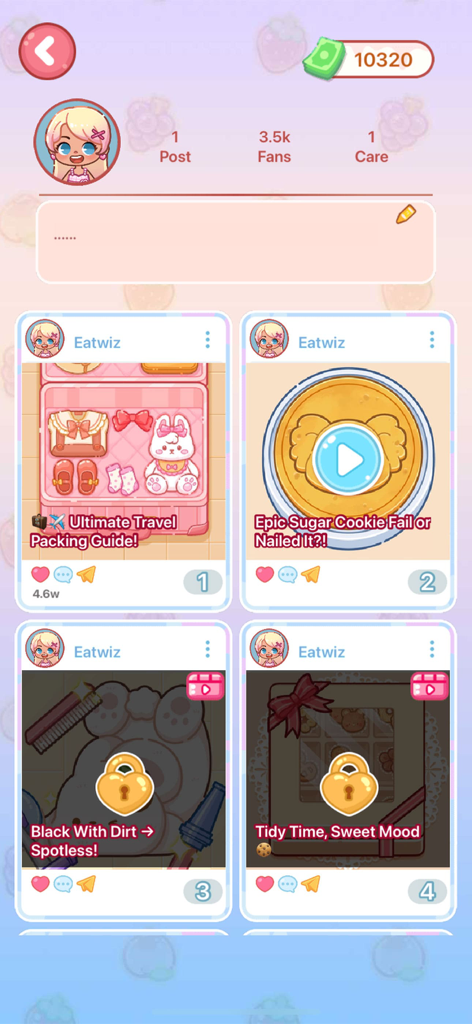 Crystal Candy:Mukbang ASMR - Social media profile screen in Crystal Candy Mukbang ASMR showing follower counts and video posts.