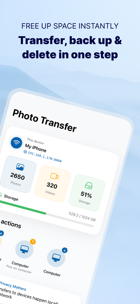 Photo Transfer: Send via WiFi - Dashboard dell'app Photo Transfer che mostra statistiche sull'utilizzo dello spazio di archiviazione e opzioni di backup su un computer via WiFi