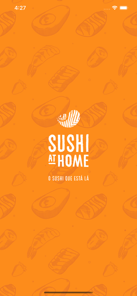 Sushi at Home app splash screen with logo on an orange background with sushi ingredient patterns