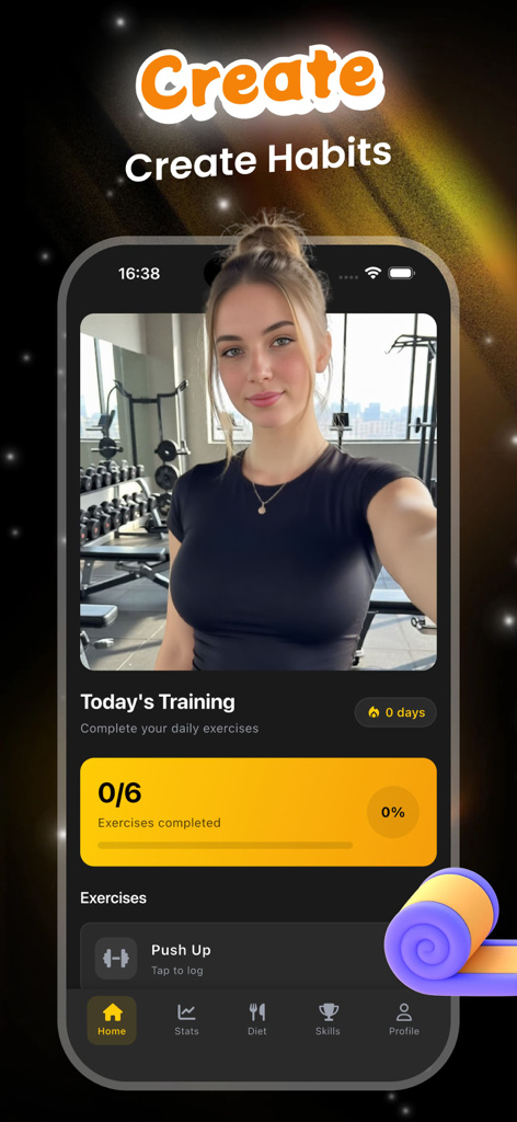 Dhok app home screen displaying daily exercise progress and habit tracking features