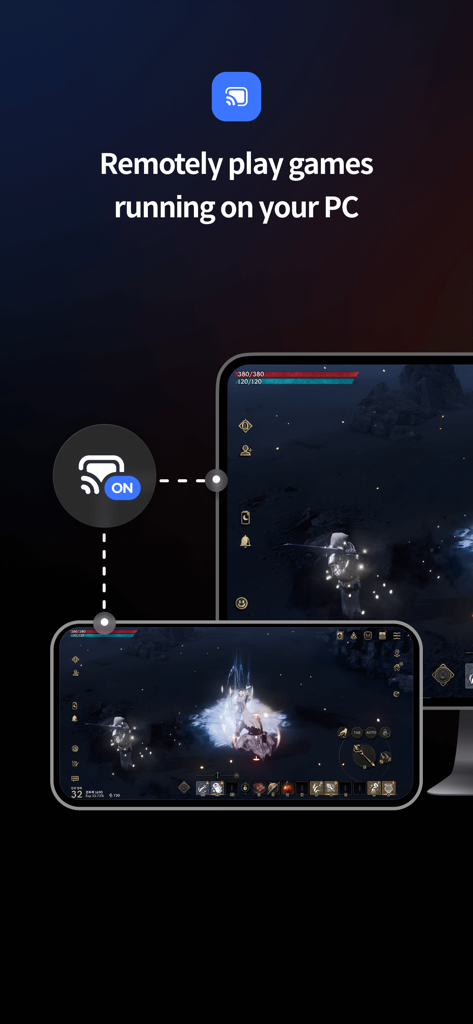 STOVE App - Fonctionnalité de jeu à distance de l'application STOVE montrant un jeu diffusé d'un PC vers un smartphone.