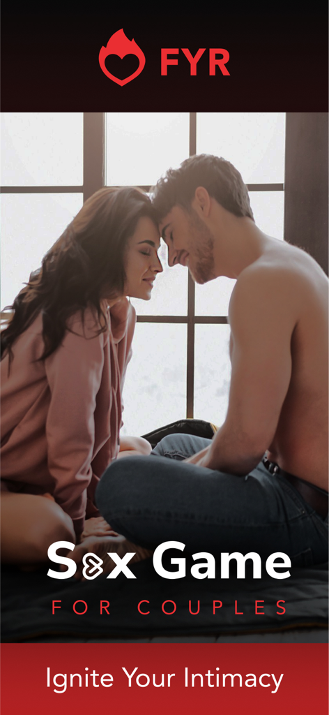 Pantalla de introducción de la aplicación FYR mostrando una pareja íntima y el texto Juego Sexual para Parejas