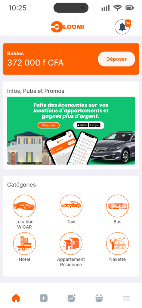 Loomi mobile app home screen showing travel service categories and user balance