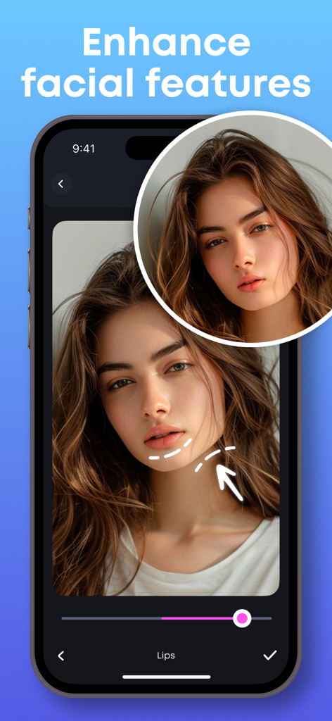 Face & Body Editor, Photo App - Face and Body Editor app screenshot showing facial feature enhancement tools on a portrait of a woman.