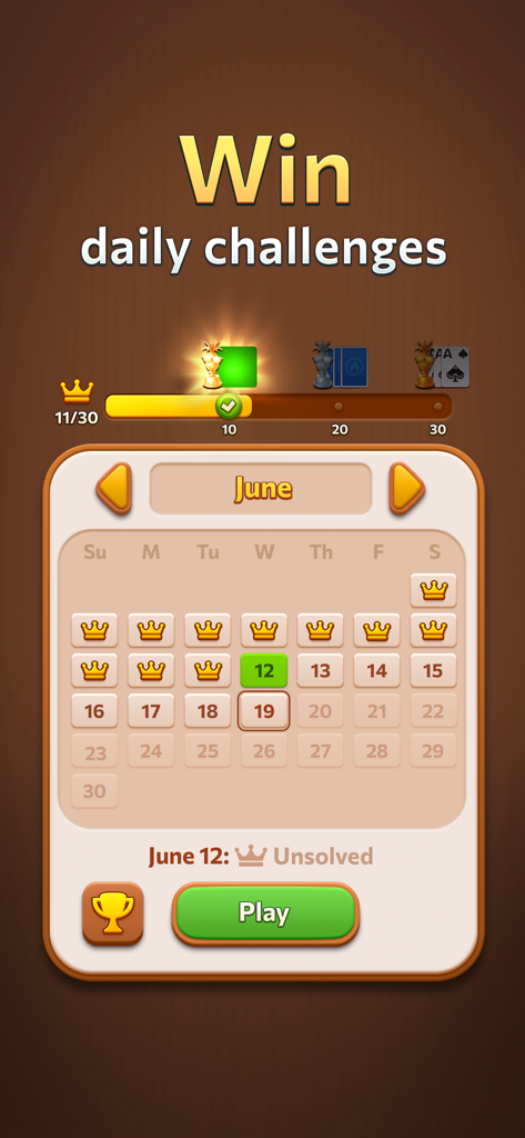 Solitaire Daily Break - Pantalla de desafíos diarios de Solitaire Daily Break con un calendario de junio con recompensas y un botón de reproducción