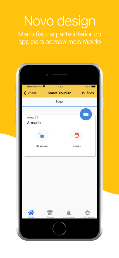 Interface de l'application Active Mobile V4 montrant le nouveau menu de navigation inférieur et le tableau de bord de contrôle des alarmes