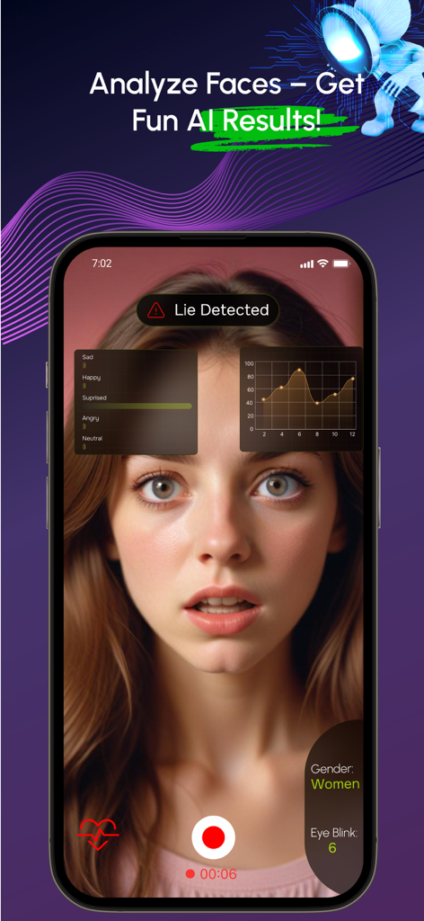AI Lie Detector: Truth Test - AI Lie Detector app interface showing a facial analysis scan with a lie detected notification