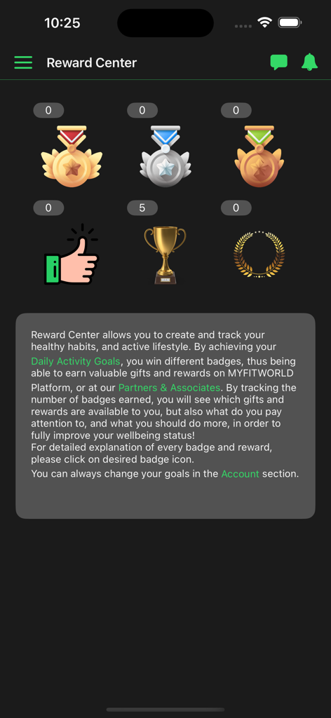 MyFitWorld - MyFitWorld app screen displaying various achievement badges and trophies