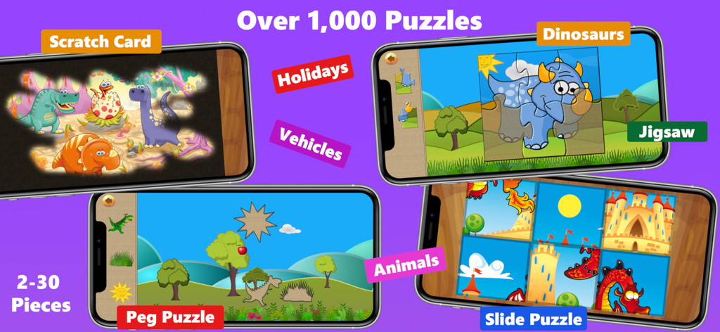 Dinosaur Dots Connect for kids - A selection of dinosaur themed puzzles for kids showing jigsaw peg and slide puzzle variants.