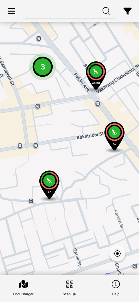 Map view of the EV Power Georgia app showing available electric vehicle charging stations in Tbilisi
