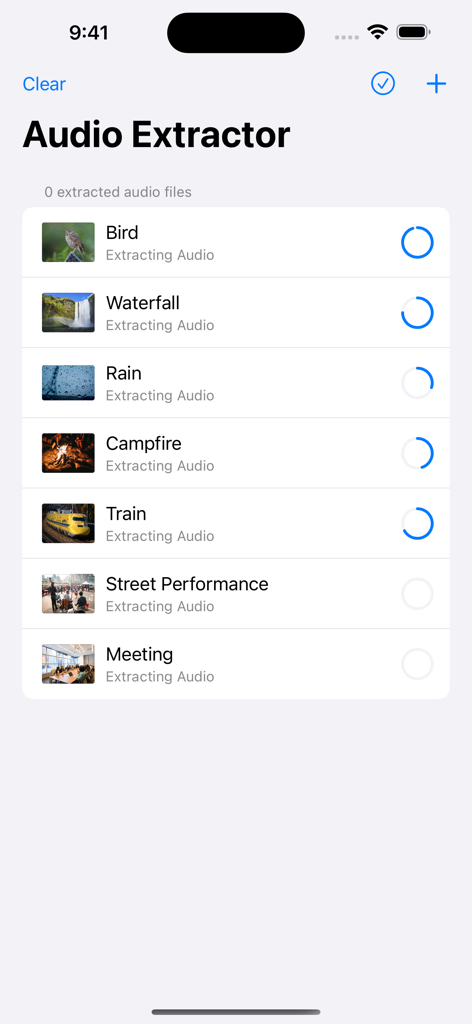 Progreso de extracción de audio por lotes para múltiples archivos de video en la interfaz móvil del Extractor de Audio sin Pérdidas