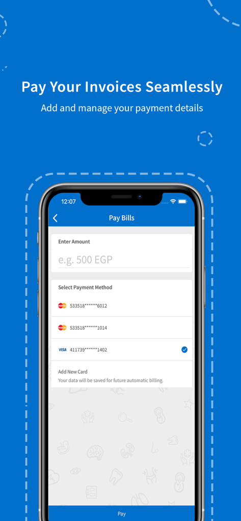Vezeeta for Doctors - Interface of the Vezeeta for Doctors app showing the Pay Bills screen with payment method options