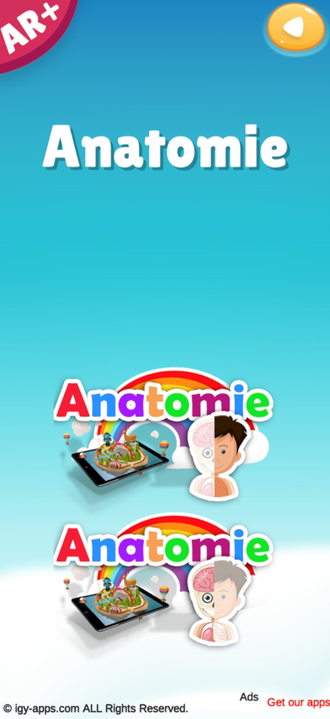 Human Anatomy AR 4D app screen with Anatomie text and a cartoon boy showing internal organs