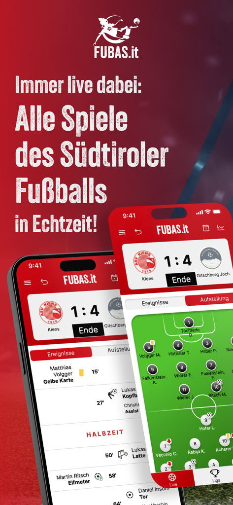 Fubas - The Fubas app interface displaying live football scores and team formations for South Tyrolean soccer