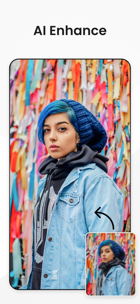 Slazzer- Background Remover - AI Enhance feature transforming a pixelated image into a sharp high resolution portrait of a woman