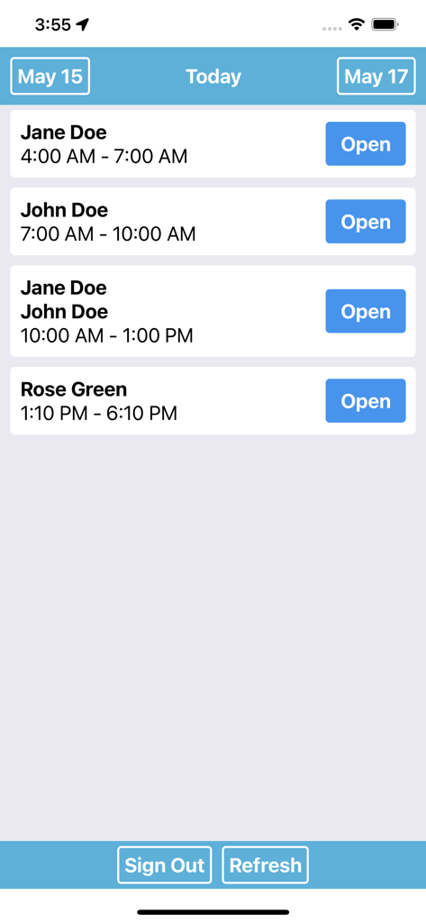 EVV Time - Daily visit schedule in the EVV Time app showing care sessions with patients and designated time slots.