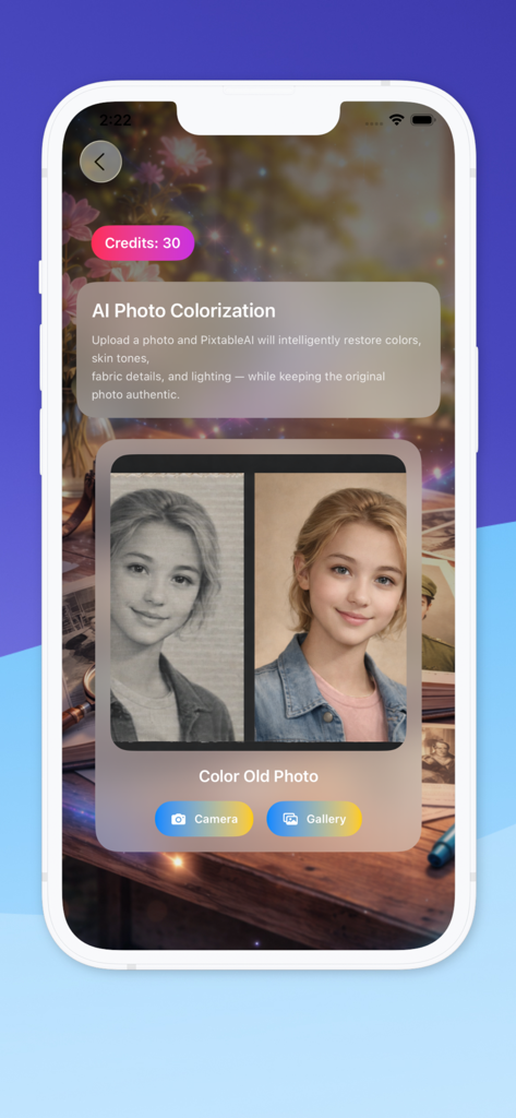 Comparación lado a lado que muestra un retrato en blanco y negro coloreado con Pixtable AI