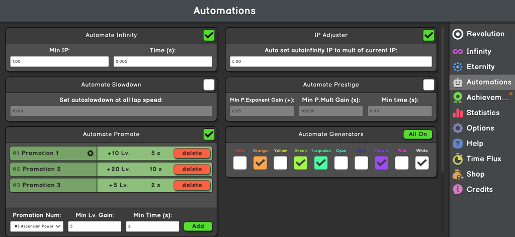 Revolution Idle - The automations interface in Revolution Idle showing various settings for automating game mechanics like infinity and prestige