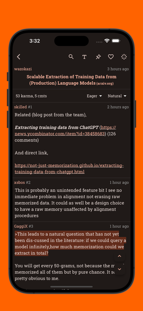 Hacki for Hacker News - Hacki app display of a Hacker News comment thread in dark mode