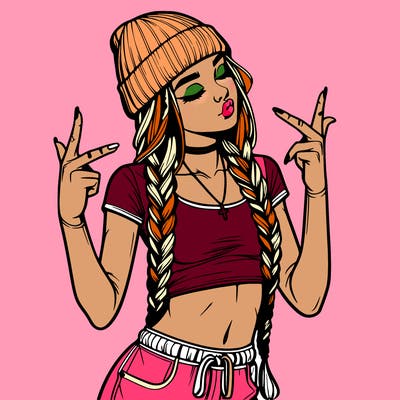 realistic teenage girl with braids and a beanie and crop top doing 🫶🏼