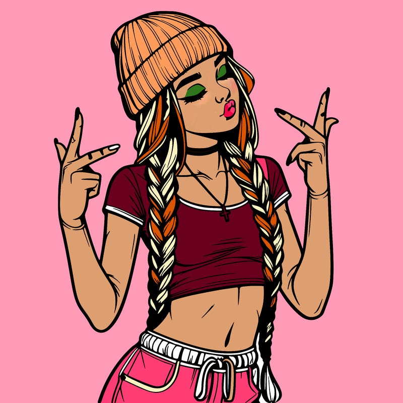 realistic teenage girl with braids and a beanie and crop top doing 🫶🏼