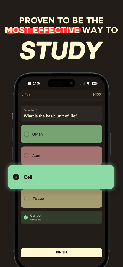 StudyNow! - AI Quiz Maker - Screenshot der StudyNow-App, der ein interaktives Multiple-Choice-Biologiequiz mit der ausgewählten richtigen Antwort zeigt.