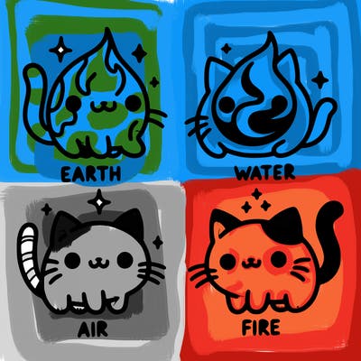 4 cats that represent the different elements, earth, water, air, and fire