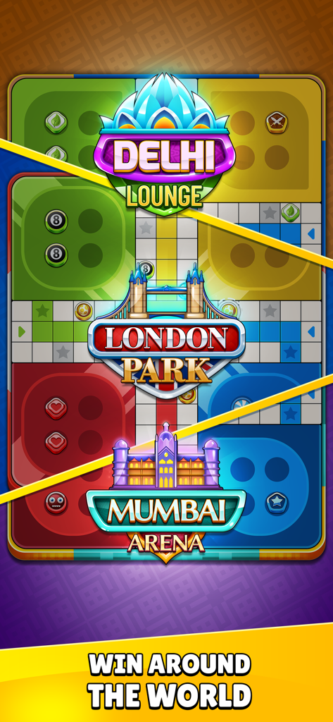 Ludo Party : Dice Board Game - 델리, 런던, 뭄바이를 포함한 세계 테마의 루도 보드 경기장 선택과 '전 세계에서 승리'라는 문구