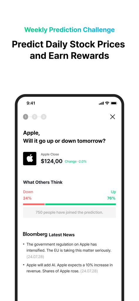 Vest Way - Investment Guide - Mobile app interface showing a weekly prediction challenge for Apple stock prices with sentiment analysis and news summaries