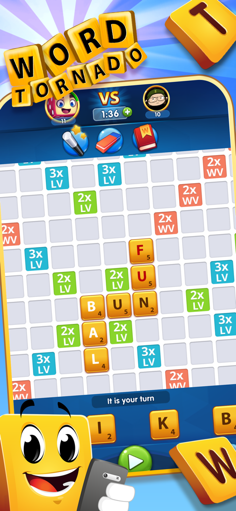 Wordtornado - Wordtornado game screen displaying a crosswords style board with letter tiles forming words and a cartoon mascot holding a phone