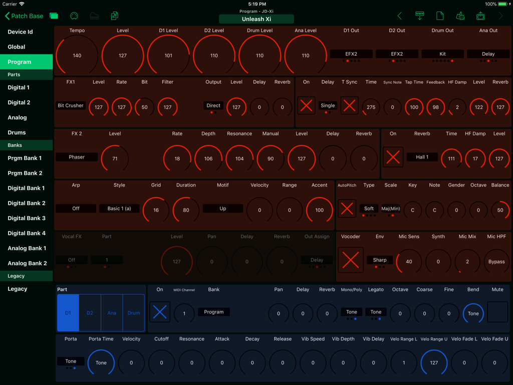 Interface do aplicativo Patch Base no iPad mostrando controles de edição em tempo real para um sintetizador Roland JD-Xi.