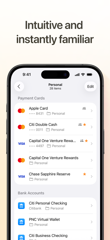 Uplock - Uplock app interface showing a list of organized payment cards and bank accounts on an iPhone screen