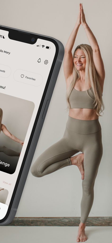 A woman in a yoga tree pose next to an iPhone displaying the Yoga plus by Mary app