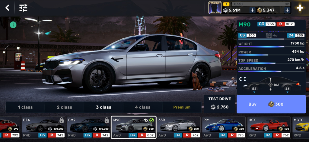 Car selection screen in CarX Street displaying a silver M90 sedan with performance stats