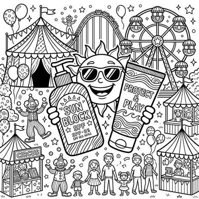 Get ready for a vibrant day at the fair with this unique coloring page! Featuring playful sunscreens amidst a bustling carnival, it's perfect for promoting sun safety in a fun, creative way.