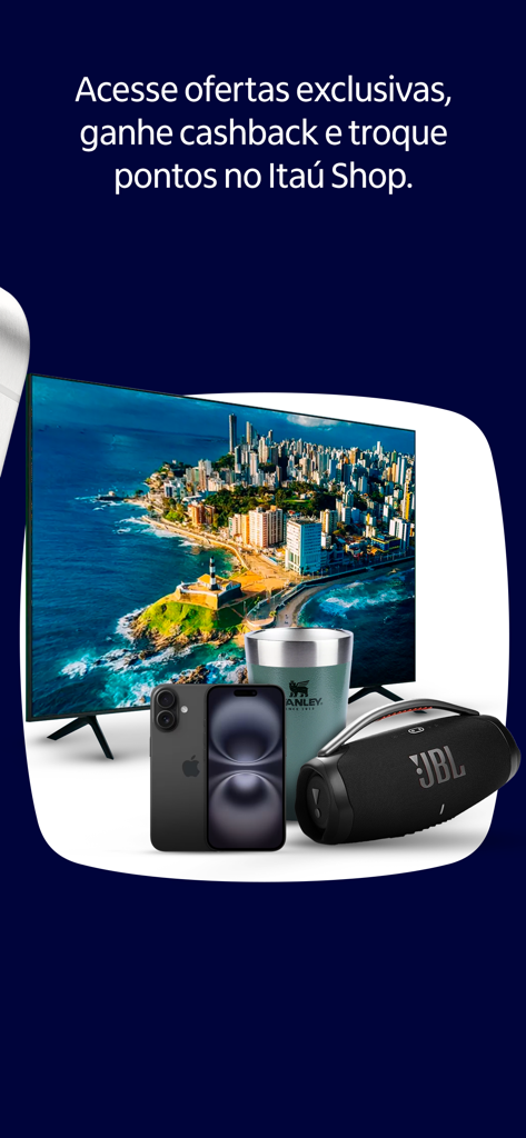 Pantalla promocional de Itaú Shop mostrando ofertas exclusivas en electrónica premium como televisores y smartphones