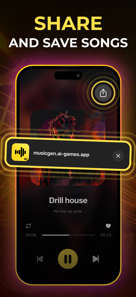 Music AI - Song Generator App - Music AI 앱에서 노래를 공유하고 저장하는 방법을 보여주는 인터페이스