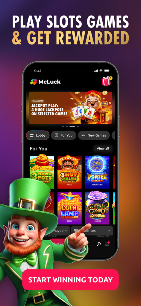 McLuck Casino mobile app screen displaying featured slot games like 3 Hot Chillies and Celtic Combo with a leprechaun mascot pointing to the display.