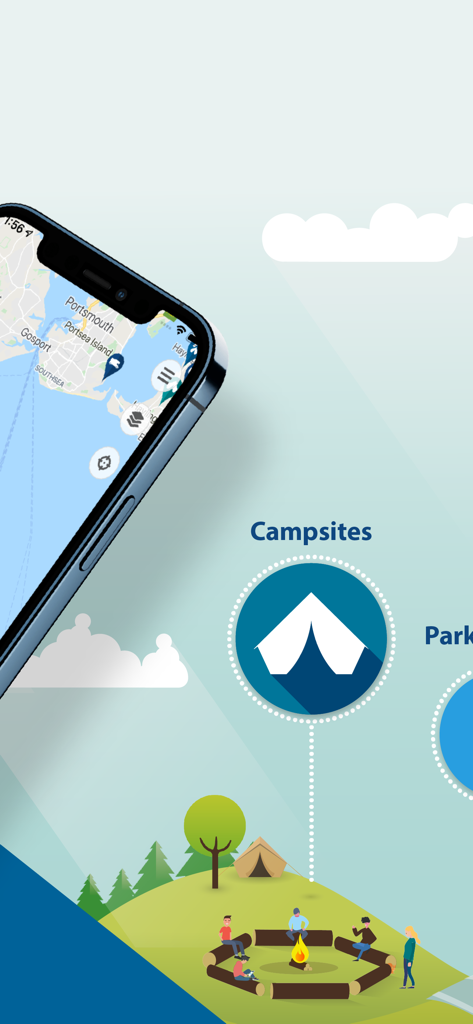 Caravanya - Caravanya app interface showing a map of camping spots alongside an illustration of travelers around a campfire