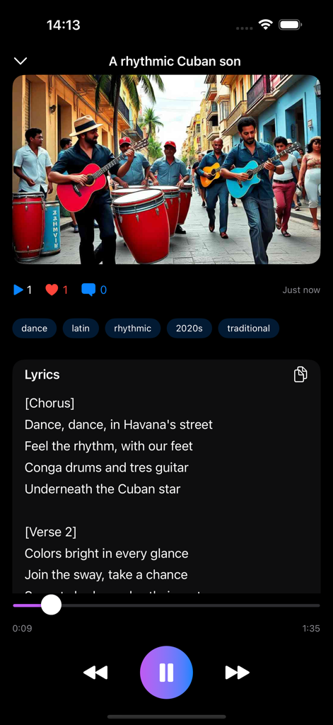 Melo - AI Song Generator - Interface do Melo AI Song Generator tocando uma música cubana com letras exibidas e controles de reprodução de música.