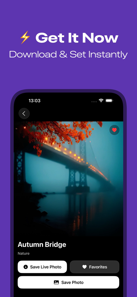 Live Wallpaper 4K+ - Preview of Autumn Bridge wallpaper in the Live Wallpaper 4K app interface